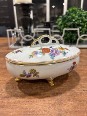 Vintage Floral Porcelain Trinket Box Gold Handle & Legs Oval Lidded Jewelry Dish